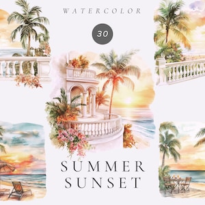Watercolor Summer Sunset Clipart, Sunset illustration, Summer view clipart, Travel graphics, Summer beach png, Beach png clipart, Ocean png