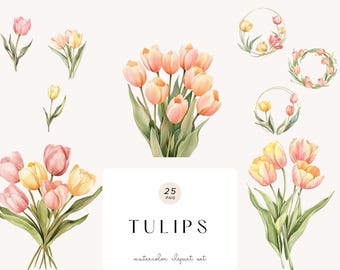 Ilustración floral de tulipanes en acuarela pastel (descarga digital)