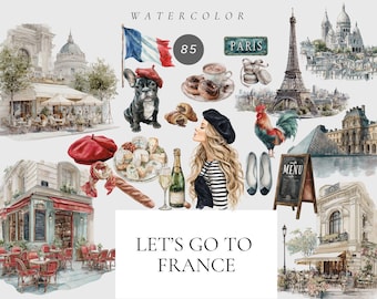 Let&#39;s go to France Clipart, Travel graphics, French Food, Eiffel Tower, French sceneries, French street, Paris clipart, Summer aesthetic png