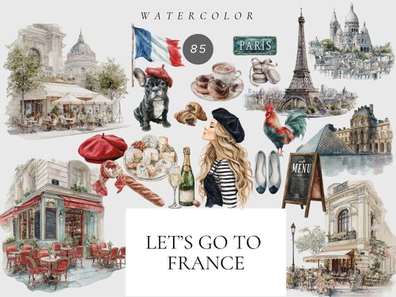 Watercolor Paris Travel Clipart – Food & City Scenes Set, Eiffel Tower, French Street, Digital Download