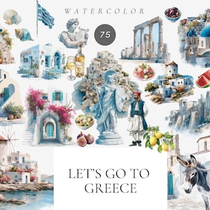 Watercolor Let's go to Greece Clipart, Greek Culture Clipart, Ancient Greece, Mythology, Santorini, Vacation png, Travel clipart , Seashells