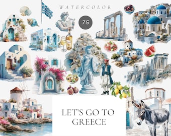 Watercolor Greece Clipart, Santorini Travel Illustrations (Digital Download)