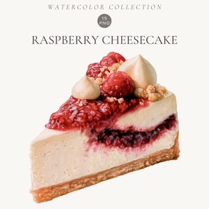 Op de afbeelding: Een aquarelillustratie van een stuk frambozen-cheesecake met een goudbruine korst, romige vulling, een bessenwerveling en gegarneerd met verse rode frambozen, kruimels en twee toefjes room. Tekst: WATERCOLOR COLLECTION 15 PNG RASPBERRY CHEESECAKE.