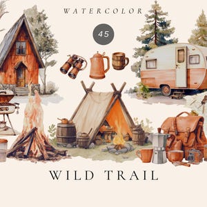 Clipart ad acquerello di sentieri selvaggi, grafica di viaggio, illustrazione di foresta, nella natura selvaggia, clipart di tenda, clipart di cabina, campeggio, sentiero escursionistico