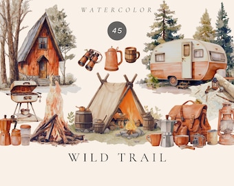 Watercolor Camping Clipart Set, Wild Trail Graphics (Digital Download)