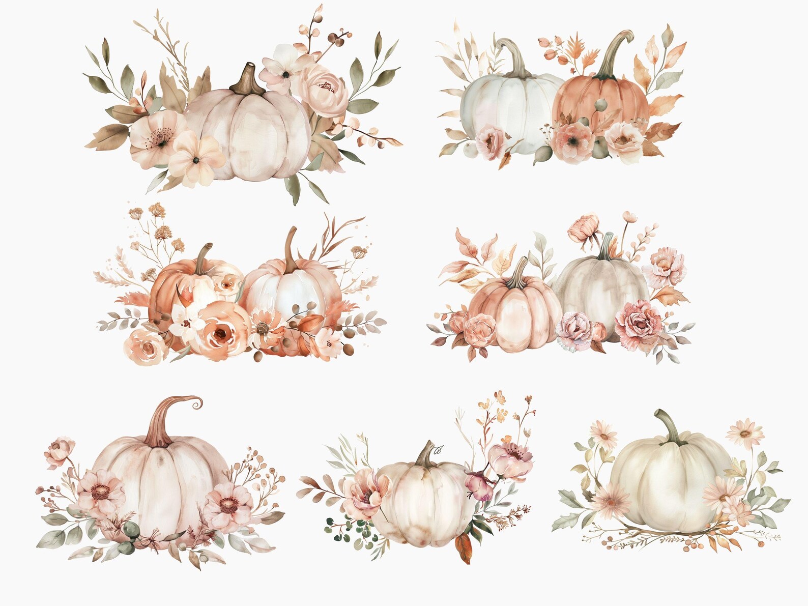 Watercolor Floral Pumpkin Clipart – Autumn Leaves Art, Rustic Fall ...