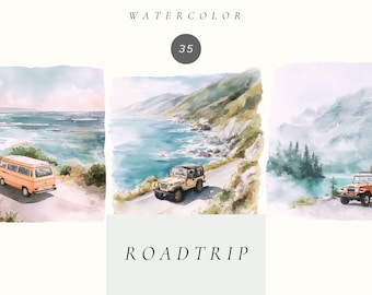 Ilustraciones de viajes por carretera en acuarela, ilustraciones de viajes de verano (descarga digital)