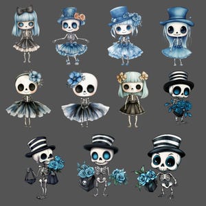 K&ouml;nnte beinhalten: Zehn digitale Illustrationen von Skeletten, die blaue und schwarze Kleidung und Accessoires tragen. Die Skelette tragen H&uuml;te, Kleider und halten Blumen.