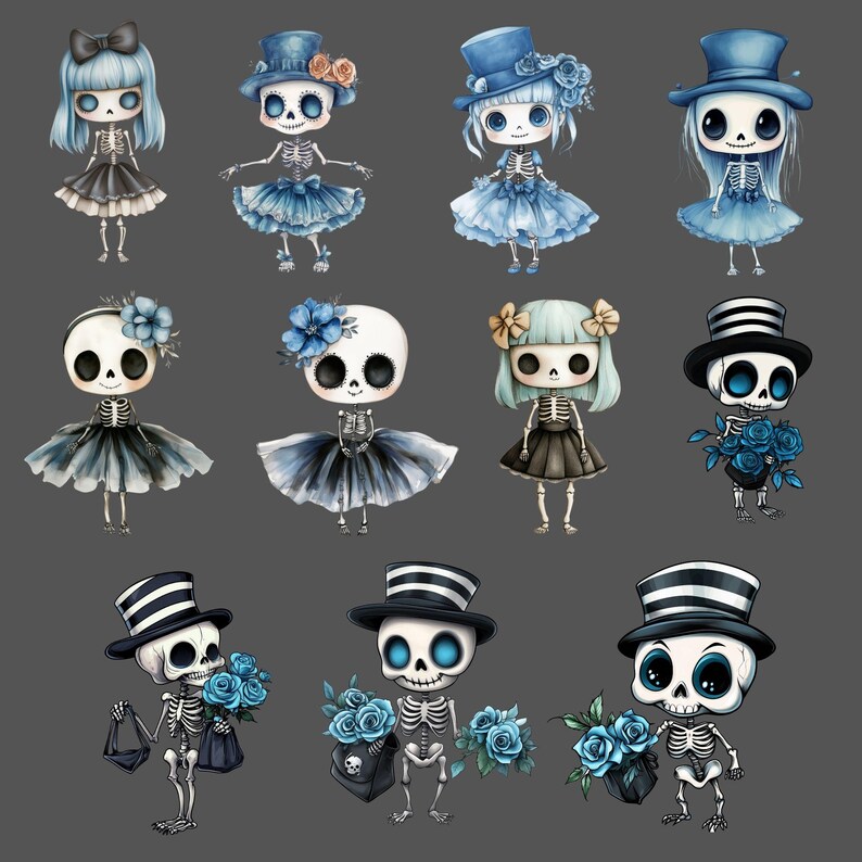 K&ouml;nnte beinhalten: Zehn digitale Illustrationen von Skeletten, die blaue und schwarze Kleidung und Accessoires tragen. Die Skelette tragen H&uuml;te, Kleider und halten Blumen.