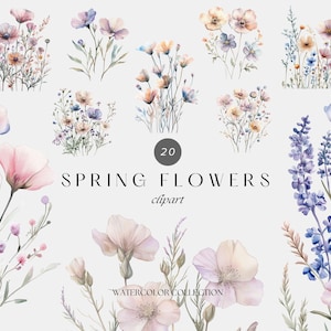 Watercolor Spring Flowers Clipart, Wildflowers Floral Clipart, Meadow Flowers Png, Floral Border Set, Pastel Field Flower Png, Summer Floral