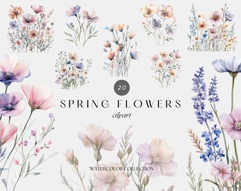 Watercolor Spring Flowers Clipart – Wildflower Meadow Borders & Pastel Field Art, Digital Download