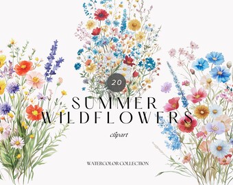 Watercolor Summer Wildflowers Clipart – Pastel Field Flowers & Wedding Floral Art, Digital Download
