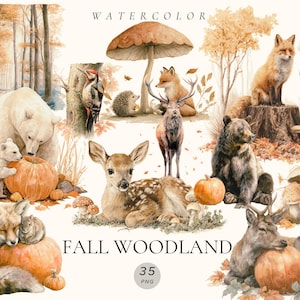 Könnte beinhalten: Aquarell-Illustration einer Herbstwaldszene mit verschiedenen Tieren, darunter ein Bär, ein Fuchs, ein Hirsch und eine Eule. Kürbisse und Pilze sind ebenfalls abgebildet. Der Text "WATERCOLOR" und "FALL WOODLAND" sind zu sehen.