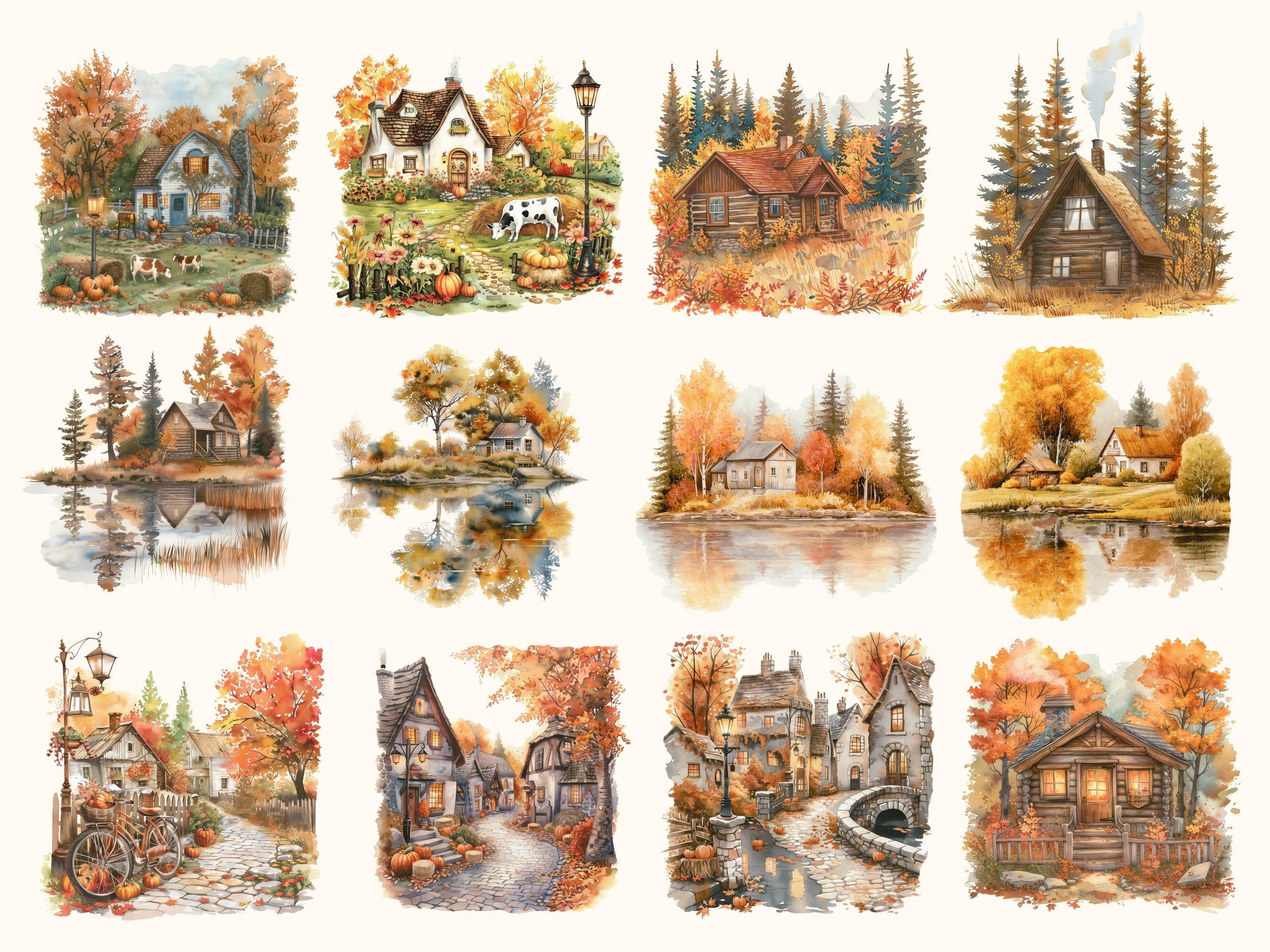 Watercolor Fall Cottagecore Clipart – Cozy Country House Art, Autumn ...