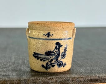 Vintage Miniature Stoneware Crock with Rooster by Jane Graber - Dollhouse Accessory Slipware Pottery - 1” Tall - 1:12 Scale