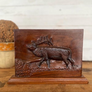 Vintage Hand Carved Buck Plaque - Freestanding Deer Folk Art Relief Carving