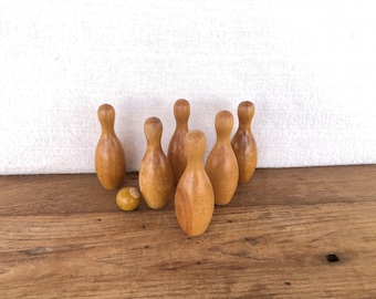 Vintage Wooden Skittles-Set of Six Tabletop Game Pieces-Natural Wood Color