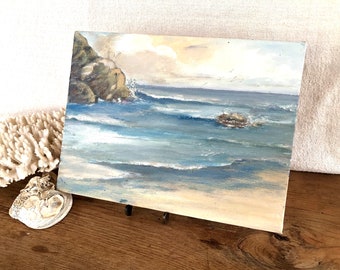 Vintage Ocean Shoreline Painting-9''x 12''- Landscape Beach Scene - Original Art-Acrylic on Board