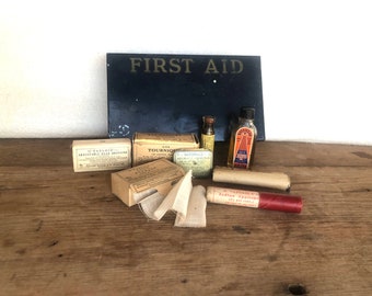 Antique Metal First Aid Kit Box with Supplies -'Tabloid' Manufactured by the Burroughs Wellcome Co. for Pure Oil