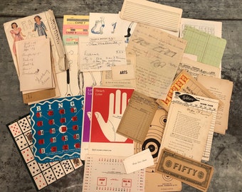 Vintage Ephemera Pack-50 + Pieces with Game Cards, Receipt Book and Journal Pages, Prescriptions, Hand Writing for Junk Journal & Assemblage