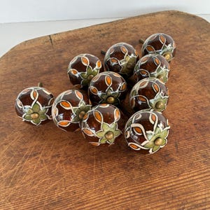 Floral Drawer Pulls/Cabinet Knobs - Set of 10 Ceramic Green, Gold, and Brown Floral Furniture Pulls