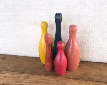 Vintage Wooden Skittles-Mismatched Collection of Five Tabletop Game Piece Bowling Pins with Multicolor Paint