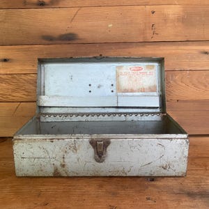 Vintage Metal Fishing Tool Box - Wizard Brand - Painted Silver/Gray