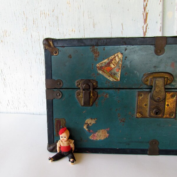 Vintage Doll Steamer Trunk with Travel Stickers by Mason and Parker Manufacturing