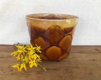 Vintage USA Pottery Drip Glaze Planter - Brown and Gold Wavy Pattern - FP22