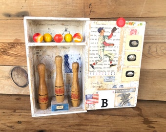 Assemblage Art Shadow Box-"Play "-Vintage Objects and Ephemera-Game Pieces