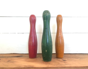 Vintage Painted Bowling Pins / Set of 3 Game Pieces / Multicolor