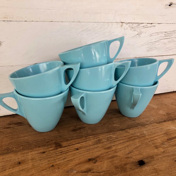 Retro Melmac Coffee Cups Set of 7 - Marcrest Robin's Egg Blue Mugs -MCM Mid Century Modern