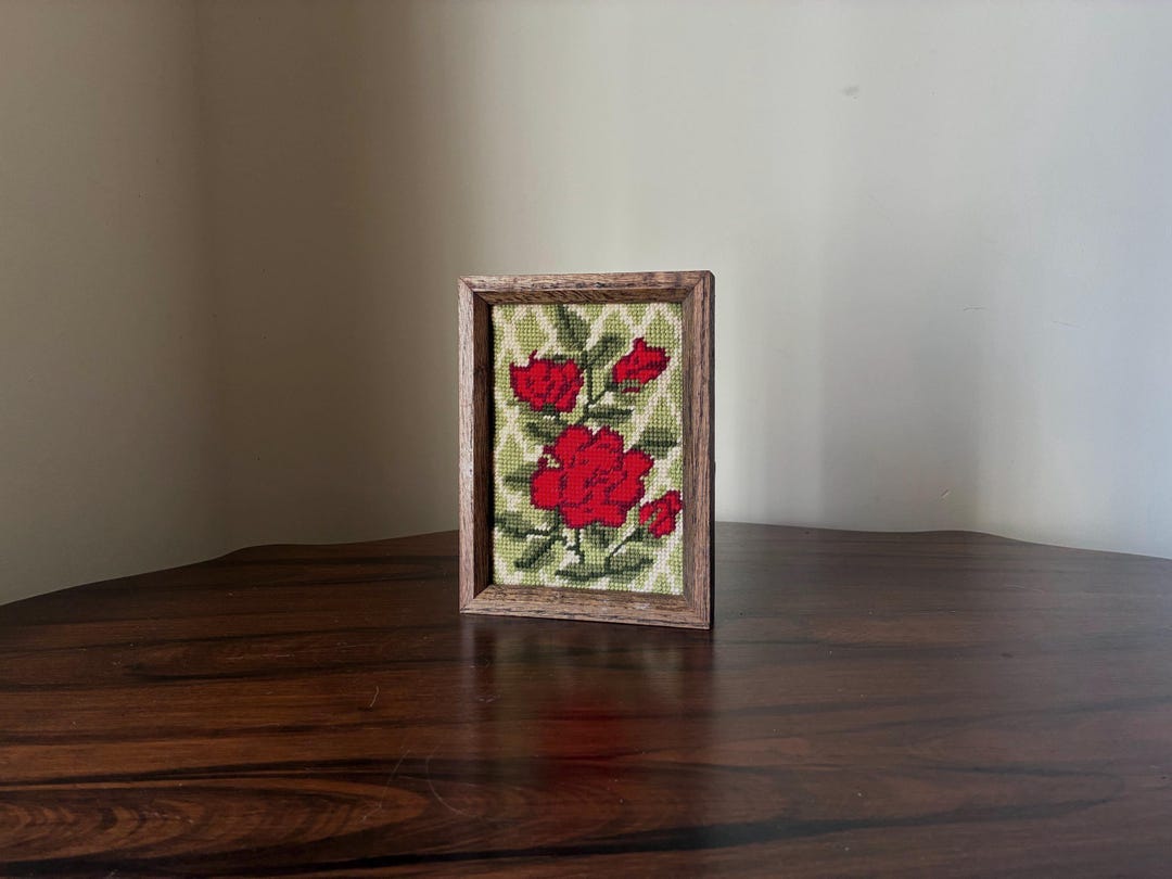Vintage Needlepoint Rose Bouquet | Small Floral 8 1/4''x 6'' Handmade ...