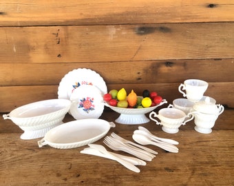 Children's Toy Doll Dishes - Plastic Place Settings and Serving Dishes - Kitchen Pretend Play - 16 Piece Dishes - 15 Piece Silverware