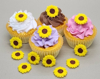 Sunflower Fondant Cupcake Toppers 12 Cake Decorations Yellow Brown Flowers Edible Summer