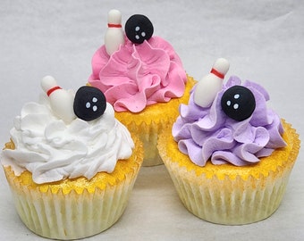 Bowling Pins Balls Fondant Cupcake Toppers 12 Cake Decorations Edible Black Game