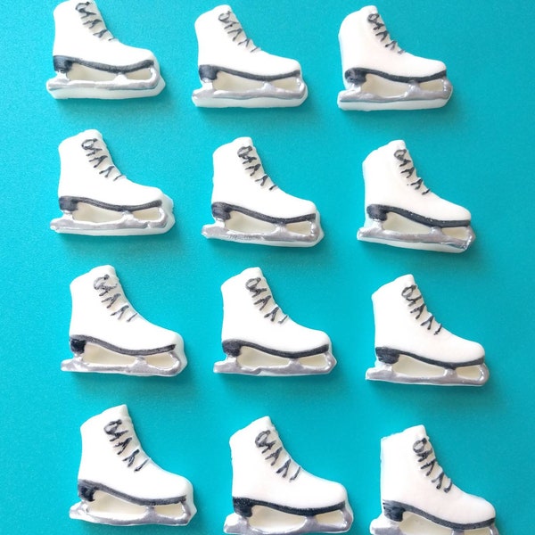 Fondant Cupcake Toppers 12 White Cake Decorations Edible Ice Skates Birthday Winter Sports Christmas