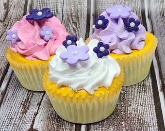 Flower Blossoms Fondant Cupcake Toppers 24 Cake Decorations Edible White Purple Pink Lavender Wedding Birthday Party Anniversary
