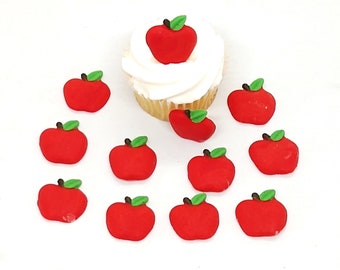 12 Red Apple Fondant Cupcake Toppers, Edible Cake Decorations