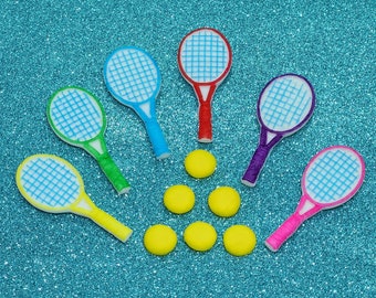 Tennis Racket Balls Fondant Edible Cupcake Toppers 12 Cake Decorations Party Birthday Sports Theme