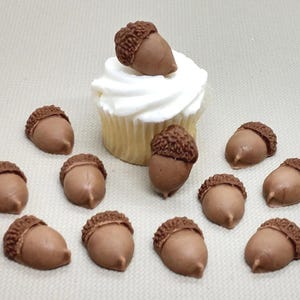 Bellotas de fondant para pasteles de otoño. 12 adornos comestibles para postres de Acción de Gracias, adornos rústicos para cupcakes de boda con temática de bosque.