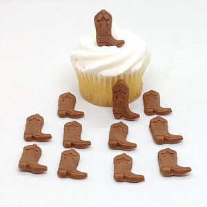 Topper per cupcake con fondente a forma di stivali da cowboy, 12 decorazioni per torte, stivali da cowboy, festa di compleanno, stivale marrone commestibile