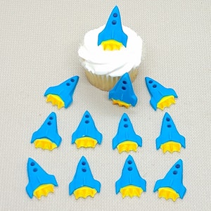 Spaceship Fondant Cupcake Toppers 12 Blue Cake Decorations Edible Party Birthday Rocket Space Astronaut Kids Boys Fun