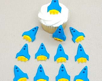 Spaceship Fondant Cupcake Toppers 12 Blue Cake Decorations Edible Party Birthday Rocket Space Astronaut Kids Boys Fun
