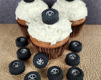 Tires Wheels 6 Fondant Edible Cupcake Toppers Cake Decorations Party Children Kids Boys Girls Car Truck Birthday Black Wheels