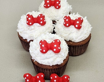 Minnie Bows Fondant Cupcake Toppers 6 Dekoracji Tortu Jadalna Myszka Polka Dot Czerwony Różowy