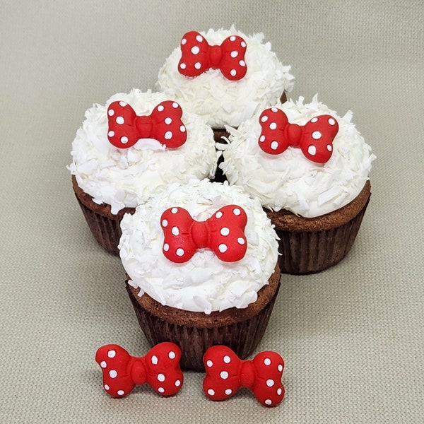 Minnie Bows Fondant Cupcake Toppers 6 Cake Decorations Edible Mouse Polka Dot Red Pink