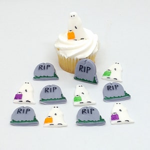 Decorazioni per cupcake di Halloween in pasta di zucchero, 12 topper per torta, lapidi fantasma, lapidi R.I.P., lapidi commestibili per feste