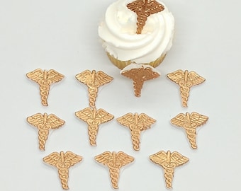 Medical Symbol Caduceus Fondant Cupcake Toppers 12 Cake Decorations Gold Graduation Retirement Party Edible