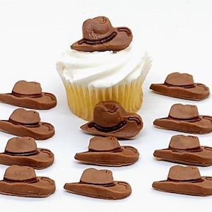 Topper per cupcake con cappello da cowboy in pasta di zucchero 12 decorazioni per torte, festa di compleanno da cowgirl, commestibili, marrone sud-occidentale occidentale